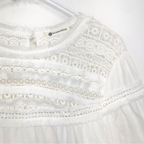 The Impeccable Pig White Crochet Lace Fringe Trim Peasant Blouse - Picture 4 of 14